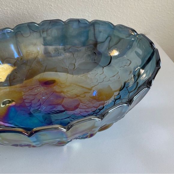 Vintage Indiana Glass Iridescent Blue Harvest Grape Footed Fruit Bowl 12 3/8” - Picture 3 of 12